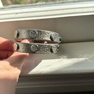 Tory Burch Gunmetal Leather / Silver Stud Wrap Bracelet